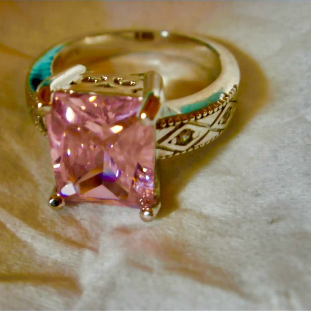 Vintage Sterling Silver Deep Pink Fancy Emerald
Cut CZ Statement Cocktail Ring 8